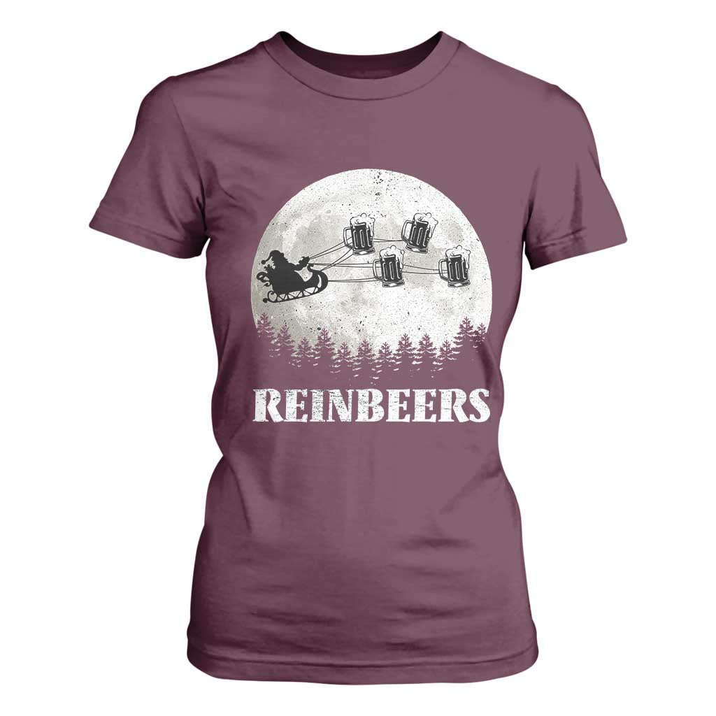 Funny Christmas Beers T Shirt For Women Reinbeers Santa Sleigh Moon TS11 Maroon Print Your Wear