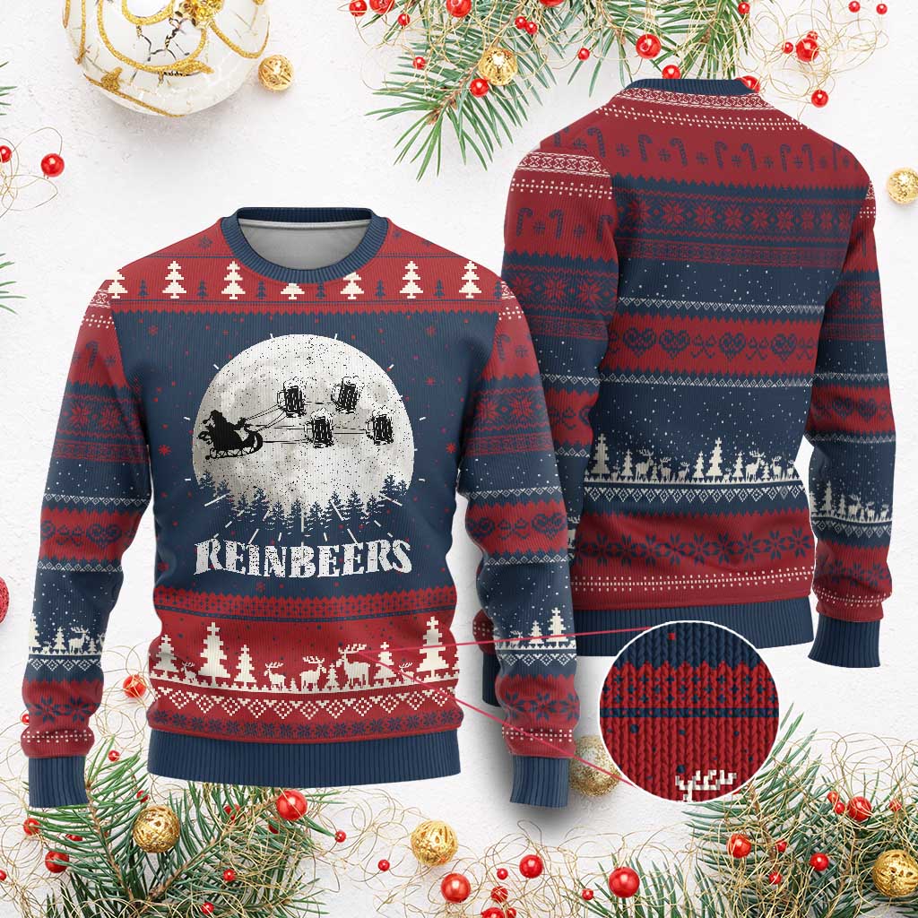 Funny Christmas Beers Ugly Christmas Sweater Reinbeers Santa Sleigh Moon TS11 Burgundy Print Your Wear