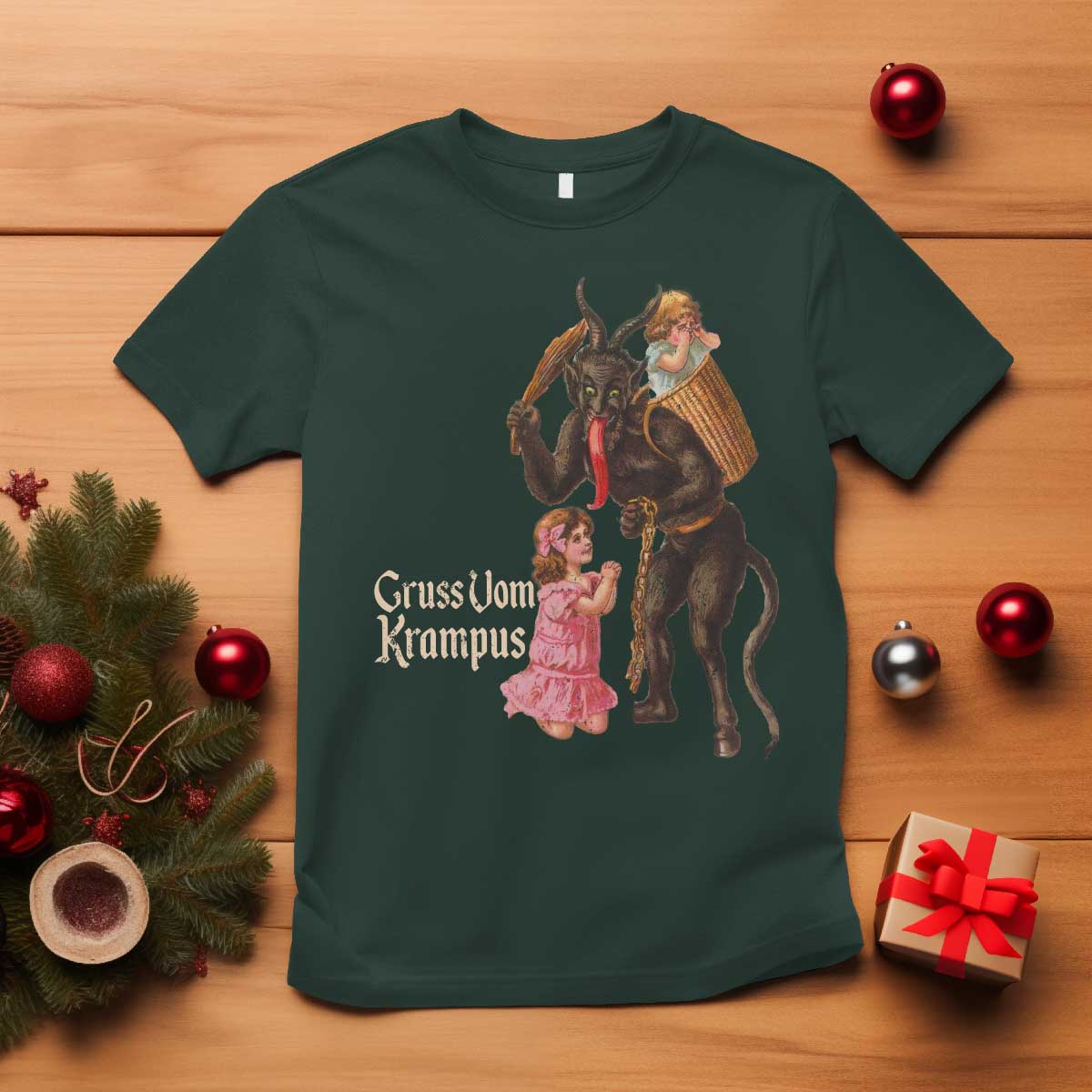 Christmas Creepy Krampus T Shirt Greetings From Gruss Vom Krampus TS11 Dark Forest Green Print Your Wear