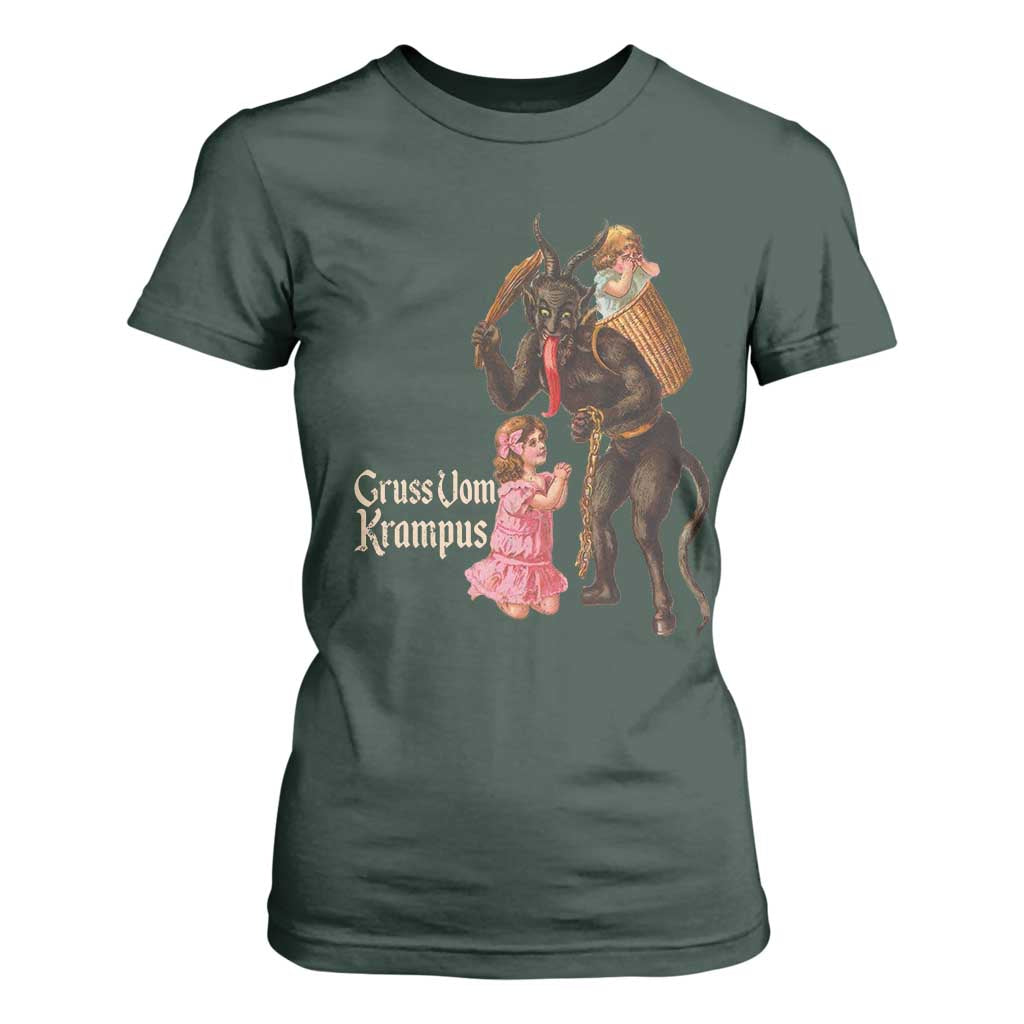 Christmas Creepy Krampus T Shirt For Women Greetings From Gruss Vom Krampus TS11 Dark Forest Green Print Your Wear
