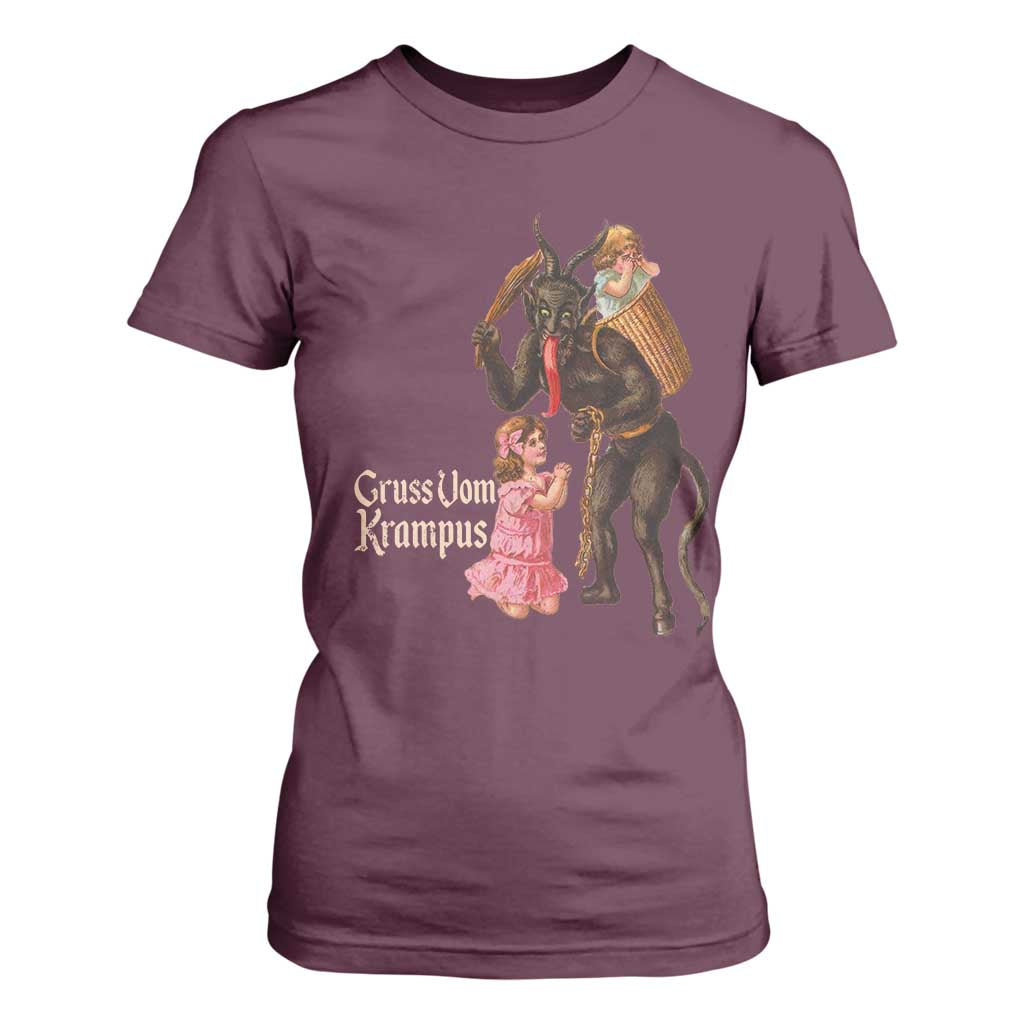 Christmas Creepy Krampus T Shirt For Women Greetings From Gruss Vom Krampus TS11 Maroon Print Your Wear