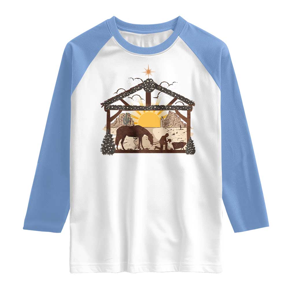 Christmas Western Raglan Shirt True Story Jesus Cowboy Nativity Scene TS11 White Carolina Blue Print Your Wear