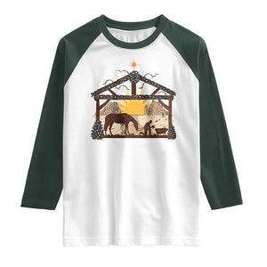 Christmas Western Raglan Shirt True Story Jesus Cowboy Nativity Scene TS11 White Dark Forest Green Print Your Wear