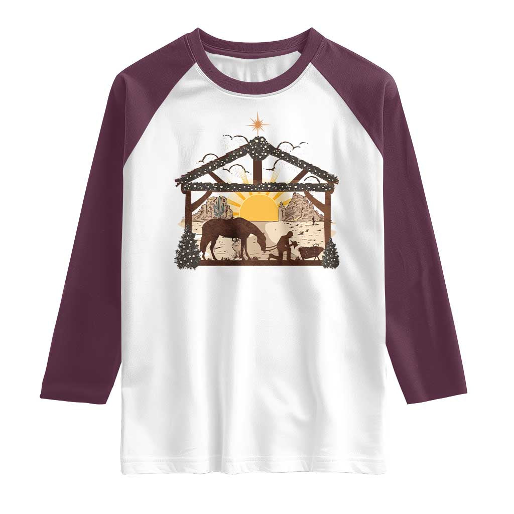 Christmas Western Raglan Shirt True Story Jesus Cowboy Nativity Scene TS11 White Maroon Print Your Wear