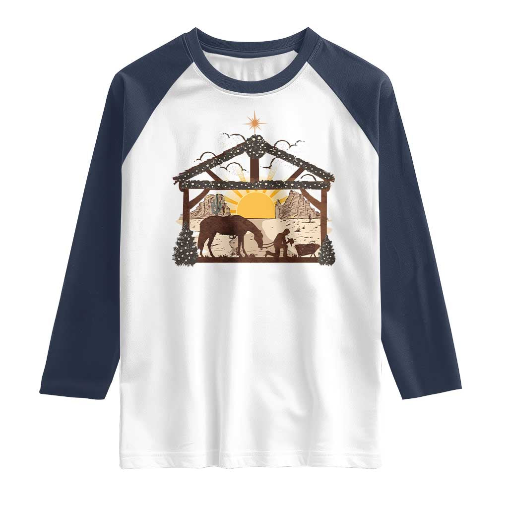 Christmas Western Raglan Shirt True Story Jesus Cowboy Nativity Scene TS11 White Navy Print Your Wear