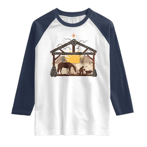 Christmas Western Raglan Shirt True Story Jesus Cowboy Nativity Scene TS11 White Navy Print Your Wear