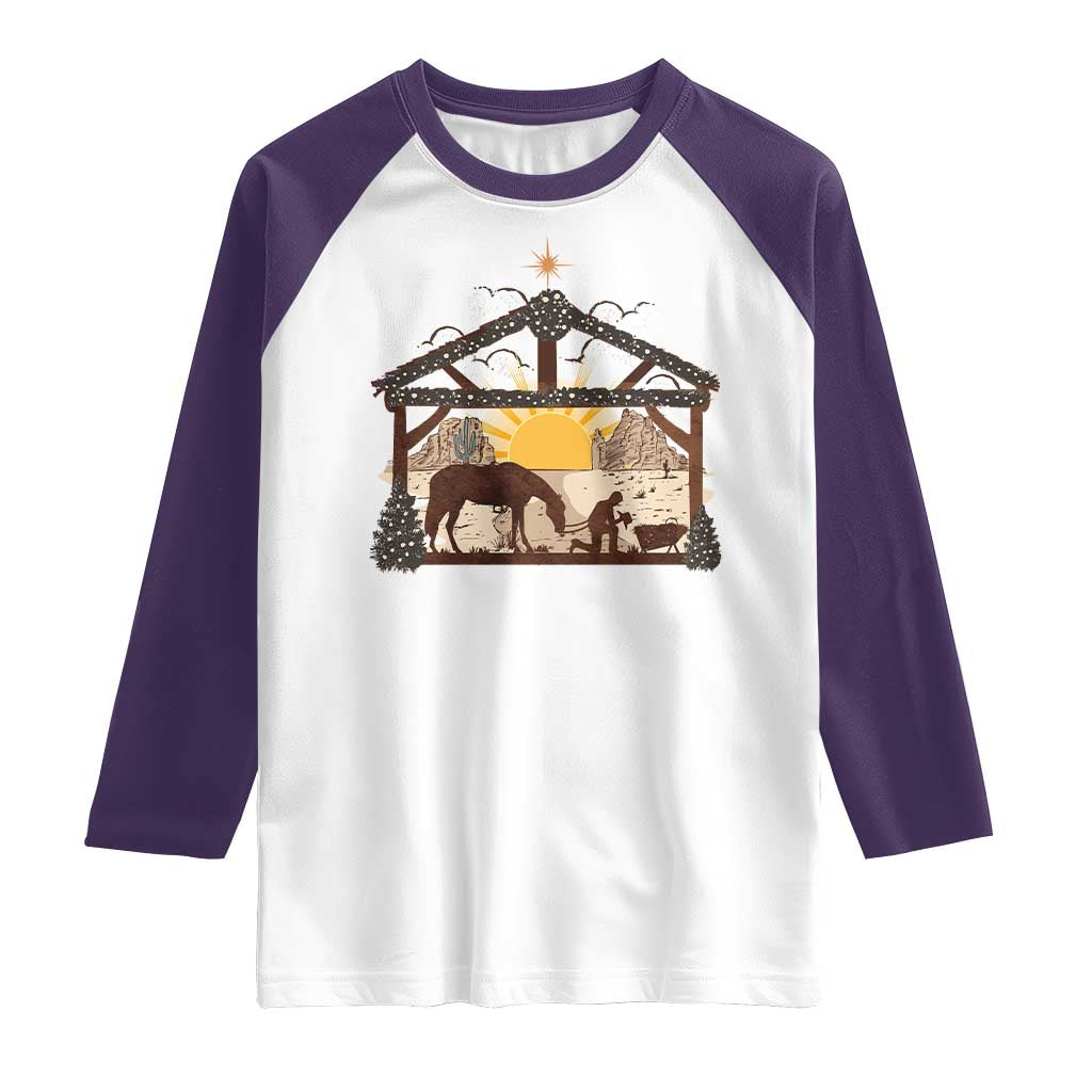 Christmas Western Raglan Shirt True Story Jesus Cowboy Nativity Scene TS11 White Purple Print Your Wear