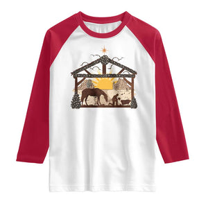 Christmas Western Raglan Shirt True Story Jesus Cowboy Nativity Scene TS11 White Red Print Your Wear