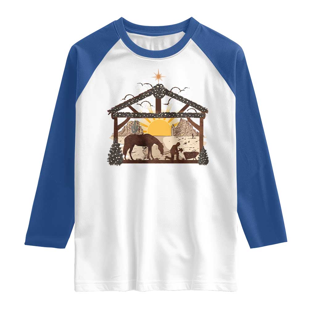 Christmas Western Raglan Shirt True Story Jesus Cowboy Nativity Scene TS11 White Royal Print Your Wear