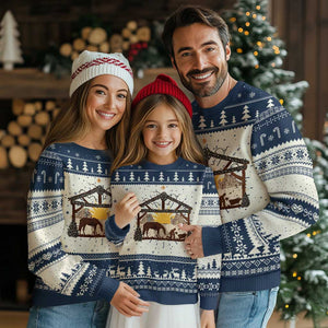 Xmas Western Ugly Christmas Sweater True Story Jesus Cowboy Nativity Scene TS11 Navy Print Your Wear