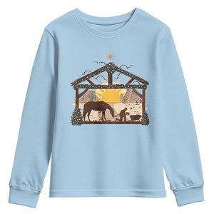 Christmas Western Youth Sweatshirt True Story Jesus Cowboy Nativity Scene TS11 Light Blue Print Your Wear