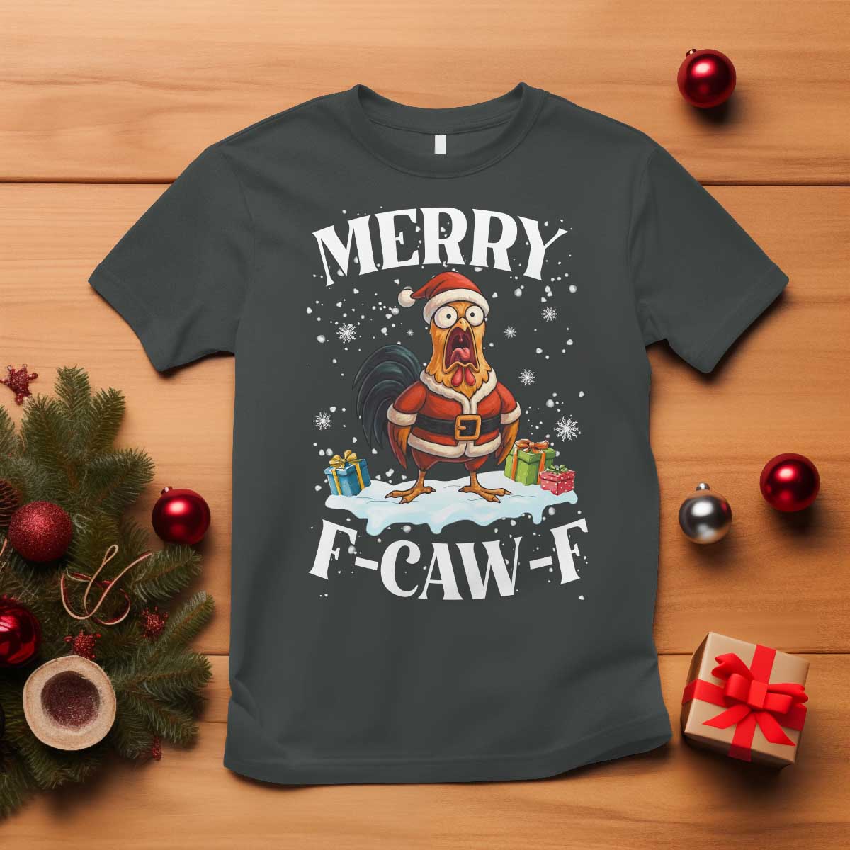 Funny F Caw F Chicken Christmas T Shirt Merry F Caw F Quote Holiday TS11 Dark Heather Print Your Wear