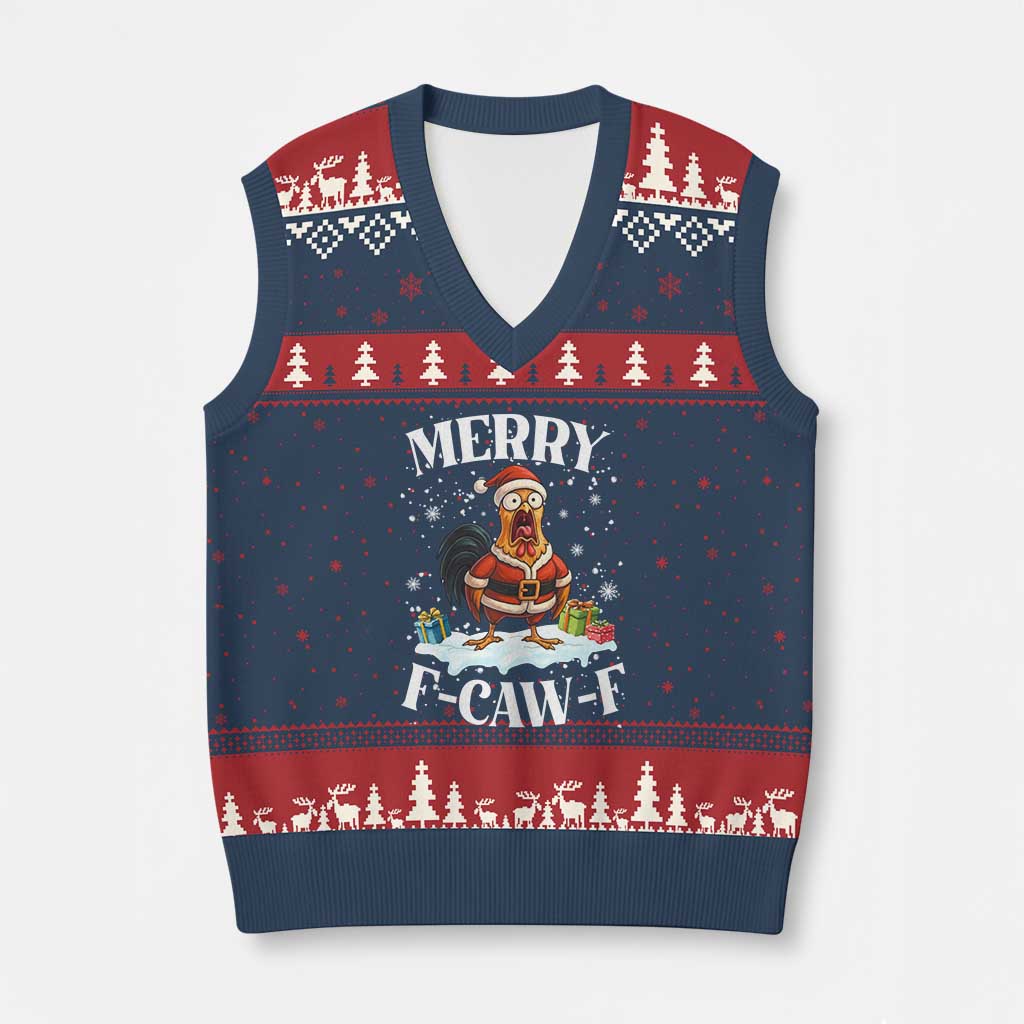 Funny F Caw F Chicken Xmas V-Neck Knit Sweater Vest Merry F Caw F Quote Holiday TS11 Navy Red Print Your Wear
