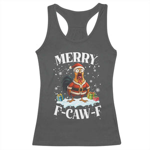 Funny F Caw F Chicken Christmas Racerback Tank Top Merry F Caw F Quote Holiday TS11 Dark Heather Print Your Wear
