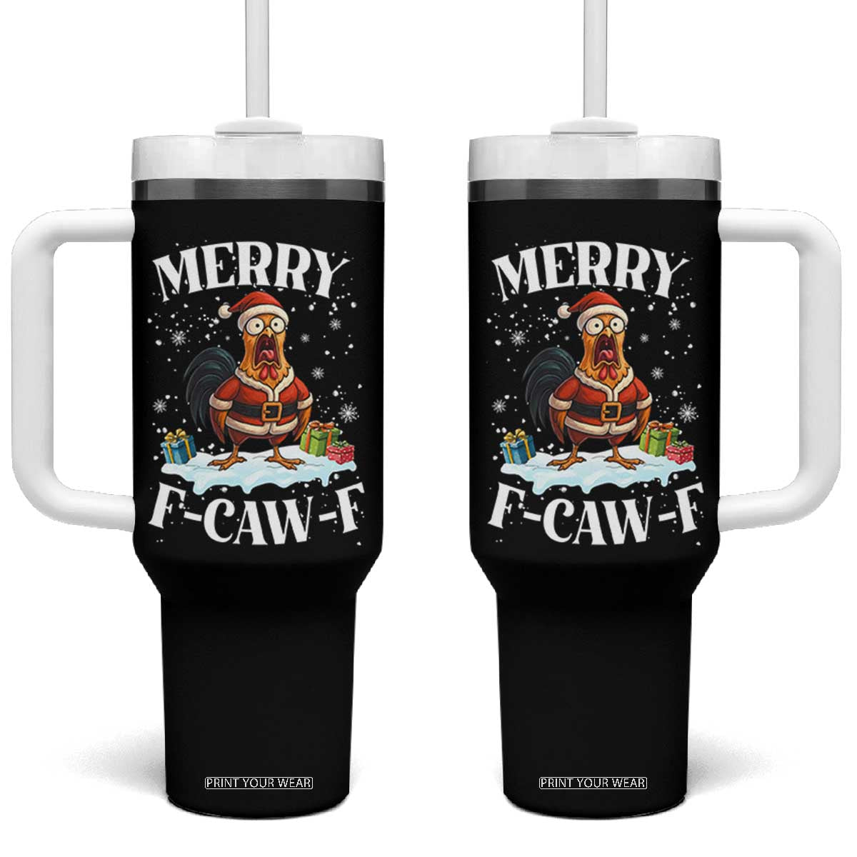 Funny F Caw F Chicken Christmas Tumbler With Handle Merry F Caw F Quote Holiday TS11 One Size: 40 oz Black Print Your Wear