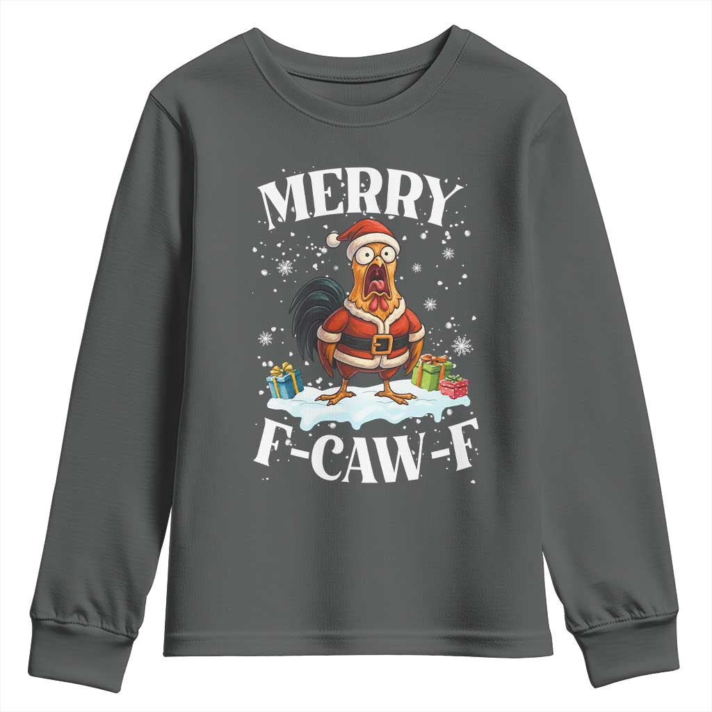 Funny F Caw F Chicken Christmas Youth Sweatshirt Merry F Caw F Quote Holiday TS11 Dark Heather Print Your Wear