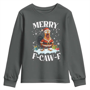 Funny F Caw F Chicken Christmas Youth Sweatshirt Merry F Caw F Quote Holiday TS11 Dark Heather Print Your Wear