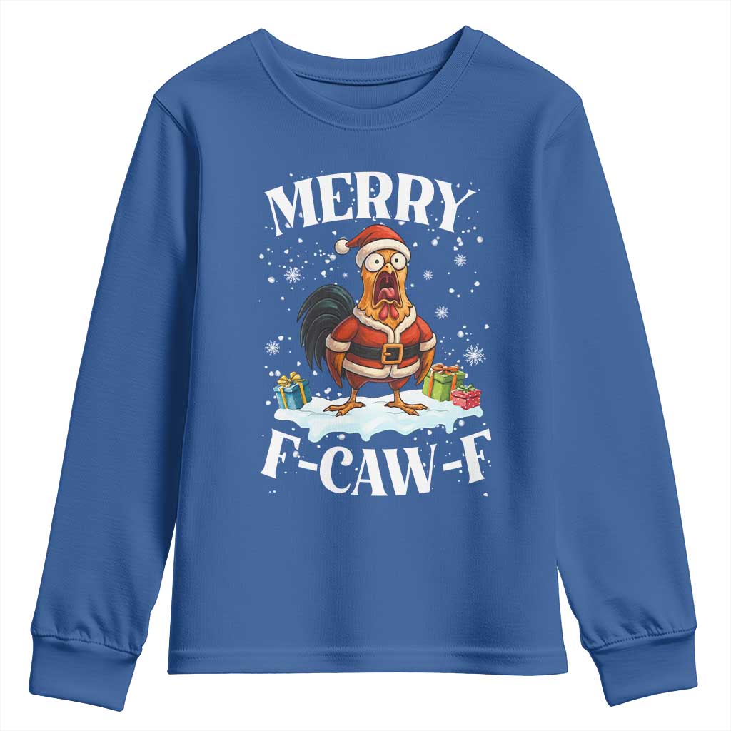 Funny F Caw F Chicken Christmas Youth Sweatshirt Merry F Caw F Quote Holiday TS11 Royal Blue Print Your Wear