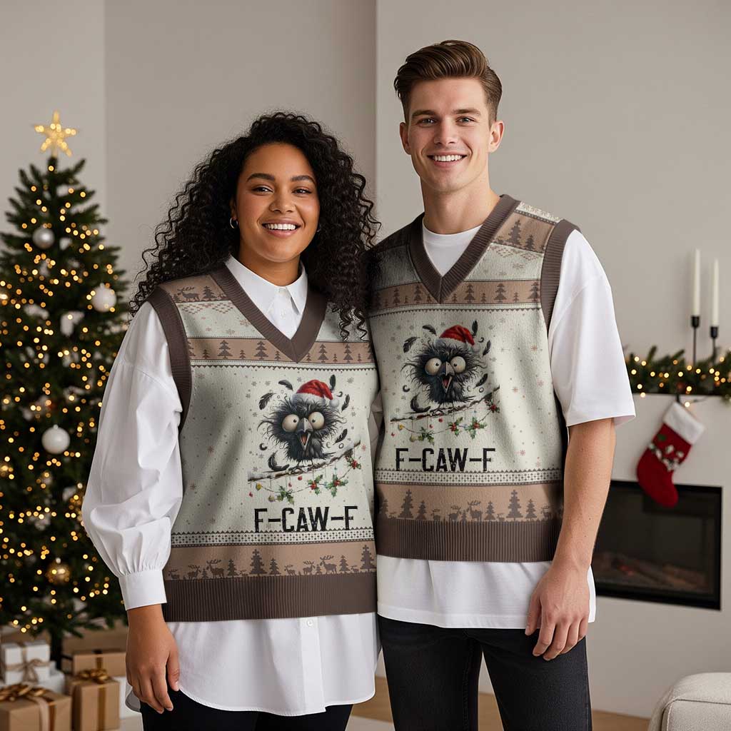Funny F Caw F Xmas Crow V-Neck Knit Sweater Vest Santa Raven Xmas Holiday Snowflake TS11 Mocha Mousse Print Your Wear