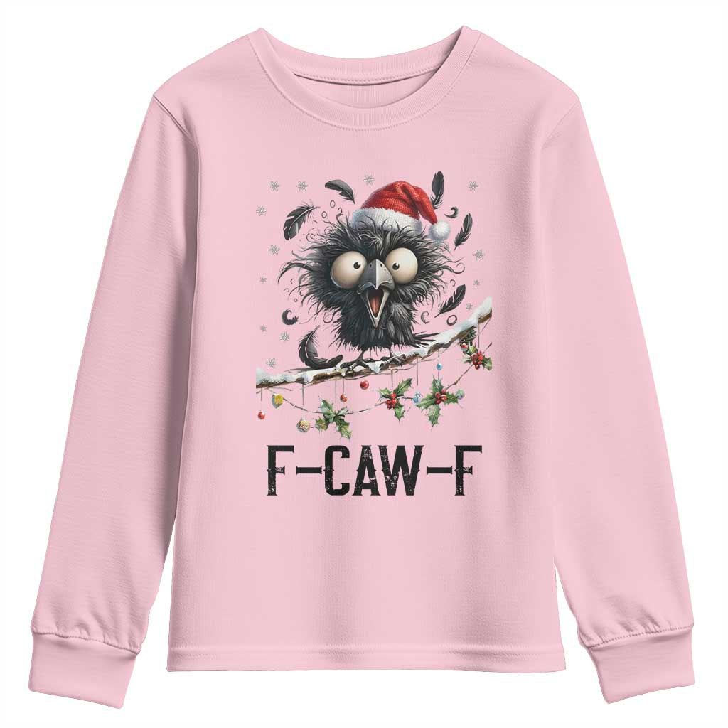 Funny F Caw F Christmas Crow Youth Sweatshirt Santa Raven Xmas Holiday Snowflake TS11 Light Pink Print Your Wear