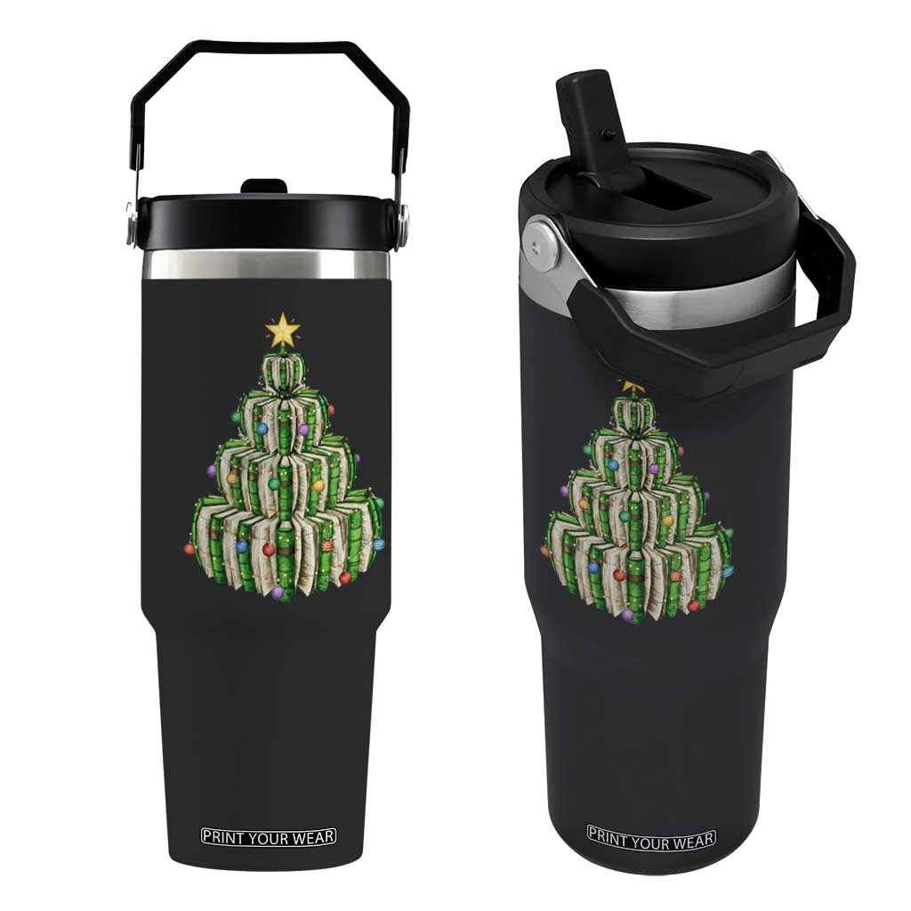 Book Christmas Tree Book Lover Teacher Librarian Flip Straw Tumbler TS11 One Size: 30 oz Black Print Your Wear