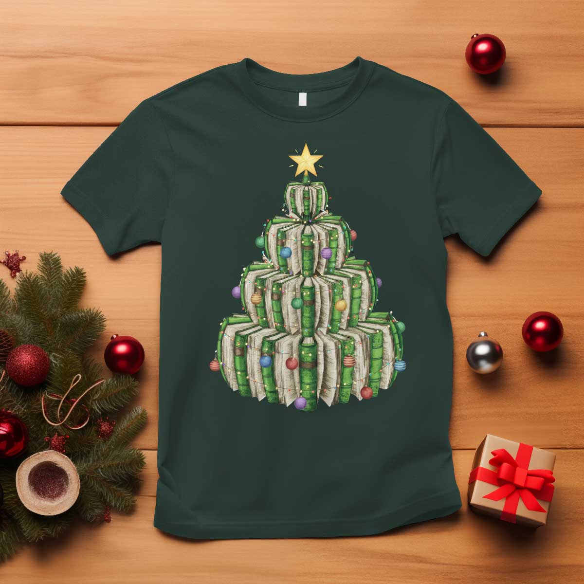 Book Christmas Tree Book Lover Teacher Librarian T Shirt TS11 Dark Forest Green Print Your Wear