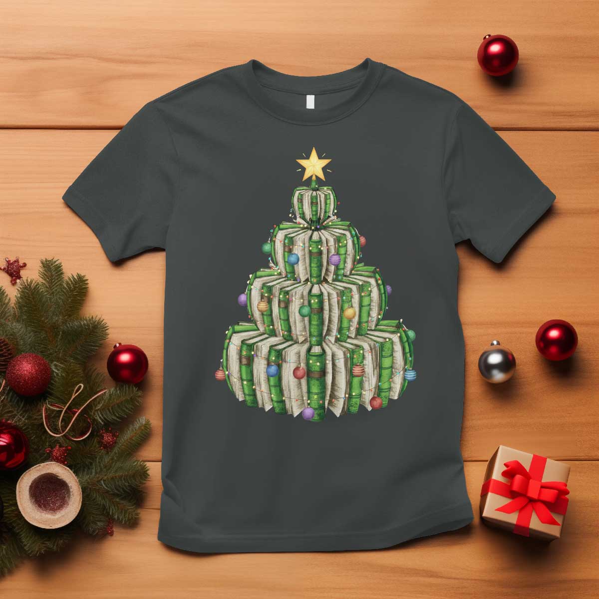 Book Christmas Tree Book Lover Teacher Librarian T Shirt TS11 Dark Heather Print Your Wear