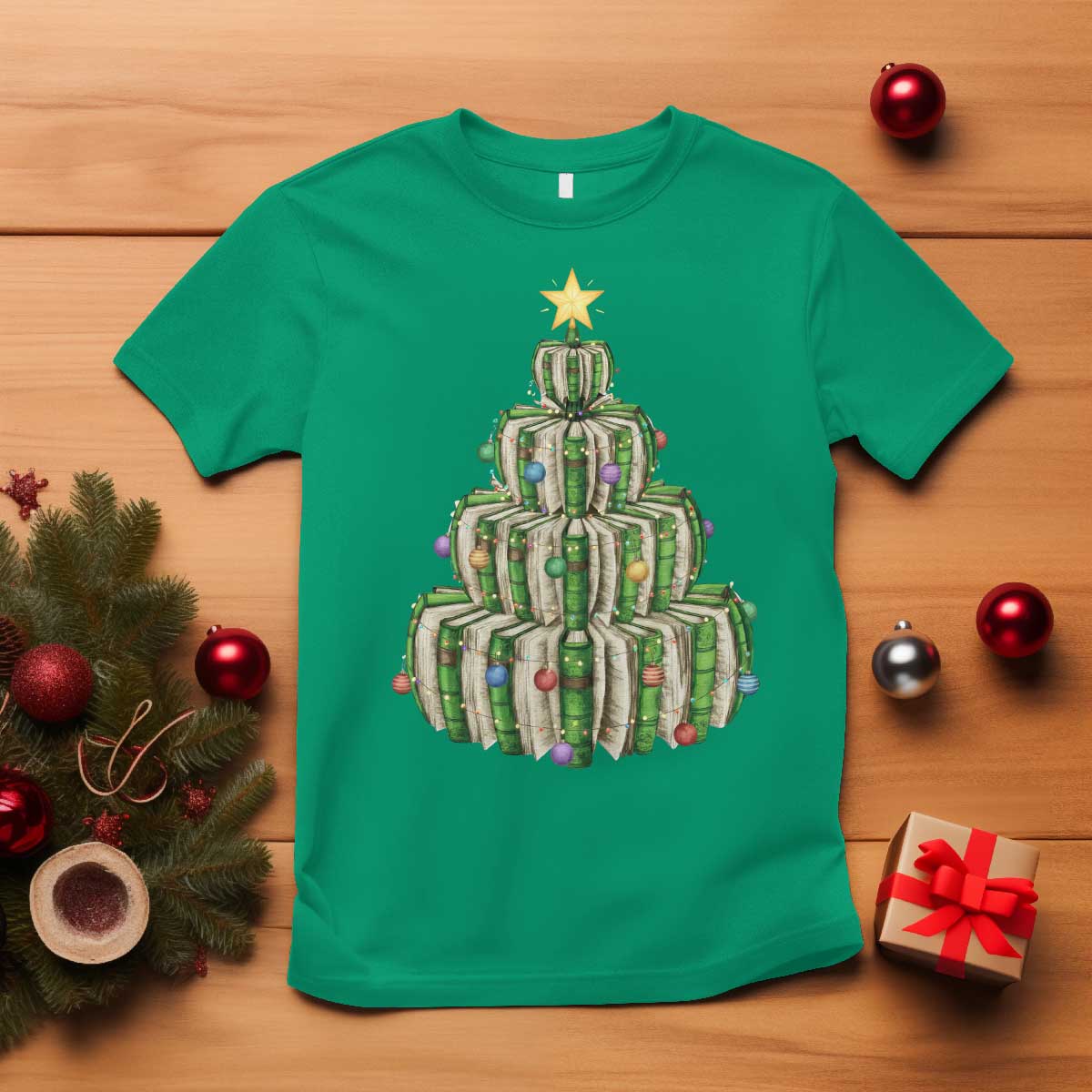 Book Christmas Tree Book Lover Teacher Librarian T Shirt TS11 Irish Green Print Your Wear