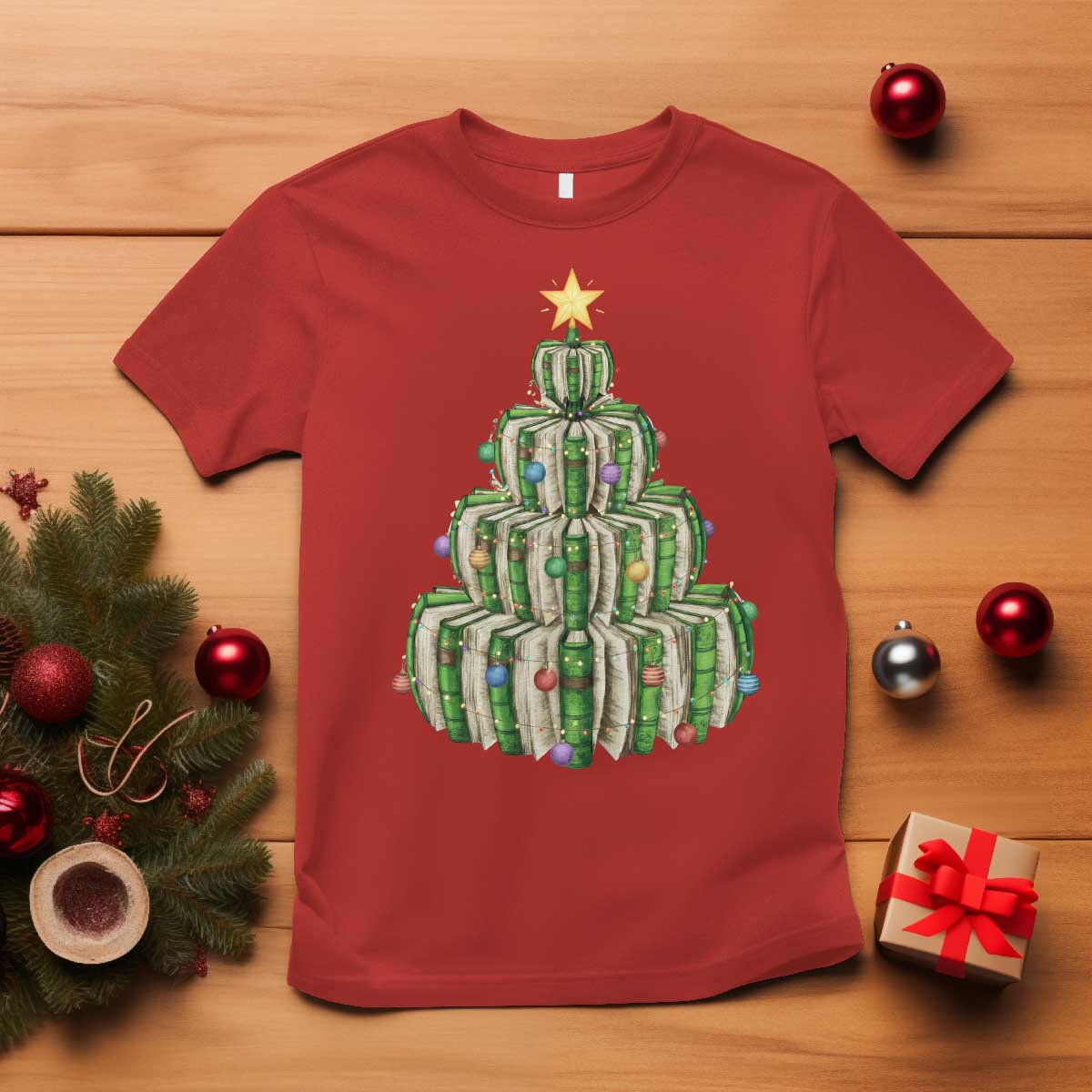 Book Christmas Tree Book Lover Teacher Librarian T Shirt TS11 Red Print Your Wear
