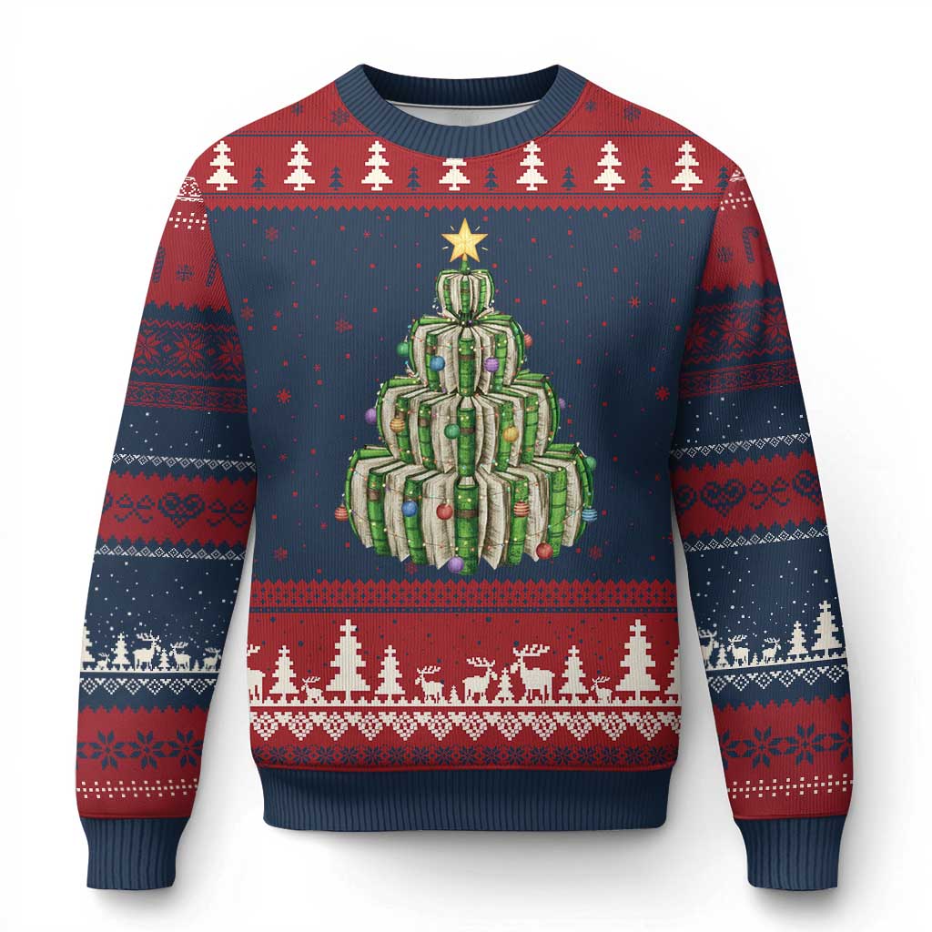 Book Christmas Tree Book Lover Teacher Librarian Ugly Christmas Sweater TS11 Navy Red Print Your Wear