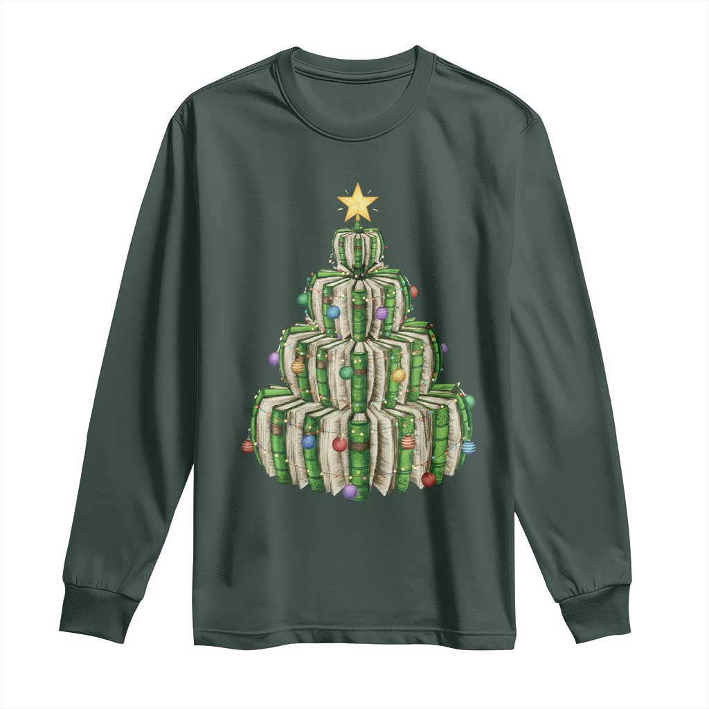 Book Christmas Tree Book Lover Teacher Librarian Long Sleeve Shirt TS11 Dark Forest Green Print Your Wear