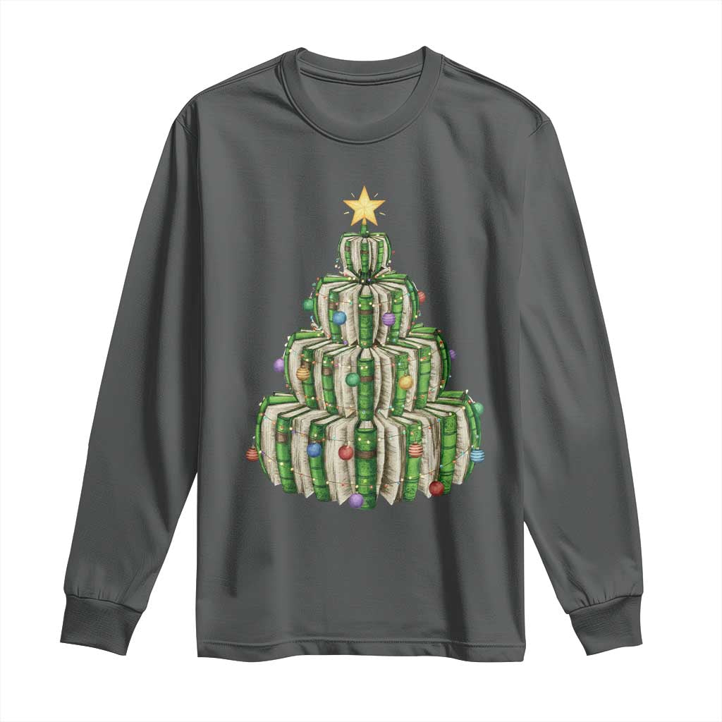 Book Christmas Tree Book Lover Teacher Librarian Long Sleeve Shirt TS11 Dark Heather Print Your Wear