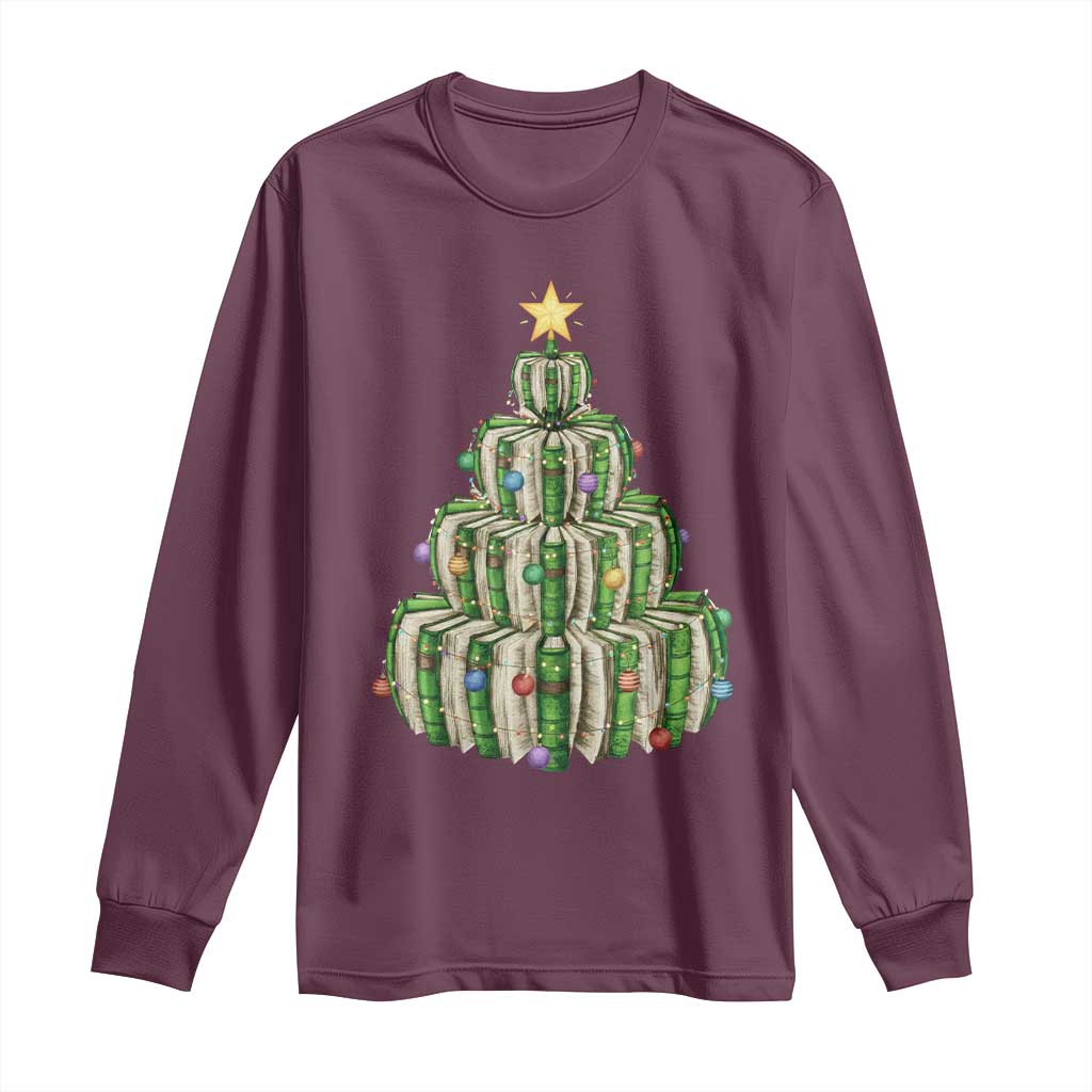 Book Christmas Tree Book Lover Teacher Librarian Long Sleeve Shirt TS11 Maroon Print Your Wear