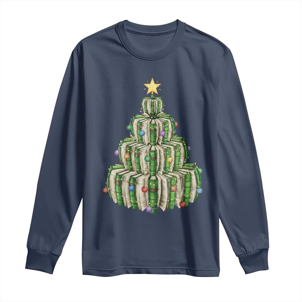 Book Christmas Tree Book Lover Teacher Librarian Long Sleeve Shirt TS11 Navy Print Your Wear
