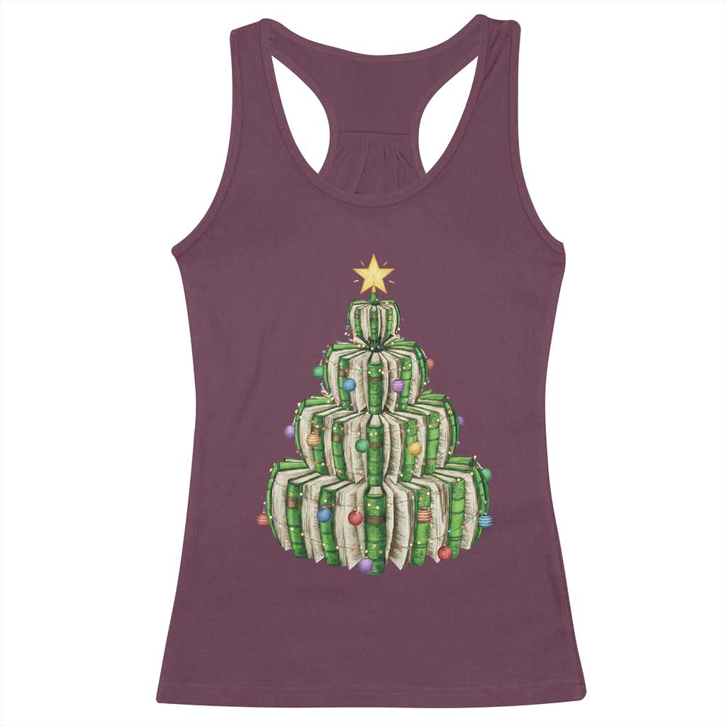 Book Christmas Tree Book Lover Teacher Librarian Racerback Tank Top TS11 Maroon Print Your Wear