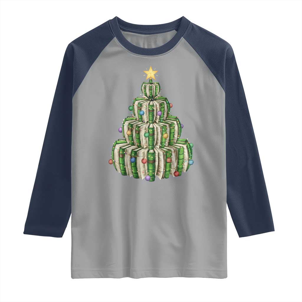 Book Christmas Tree Book Lover Teacher Librarian Raglan Shirt TS11 Sport Gray Navy Print Your Wear