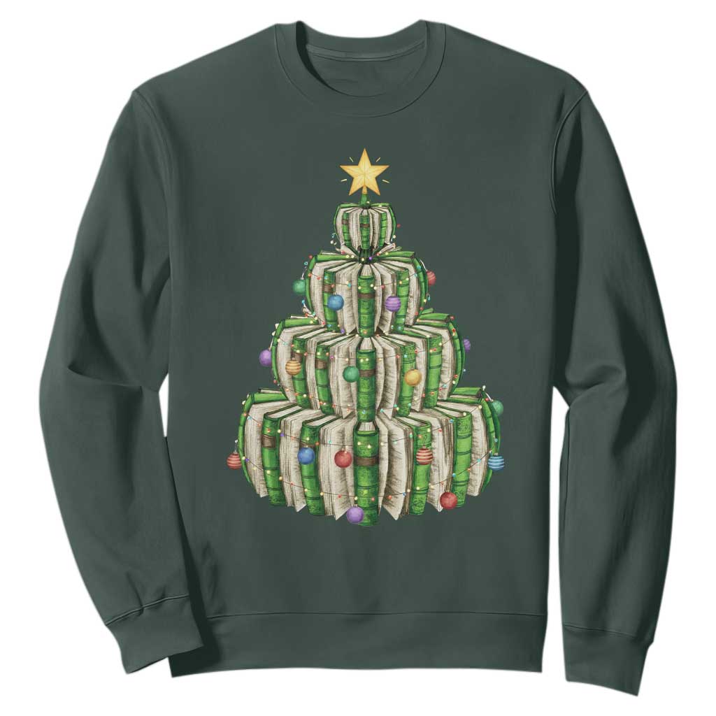 Book Christmas Tree Book Lover Teacher Librarian Sweatshirt TS11 Dark Forest Green Print Your Wear