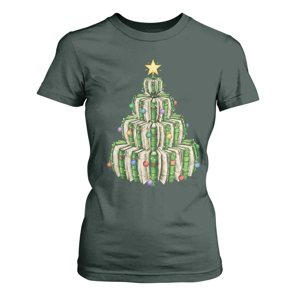 Book Christmas Tree Book Lover Teacher Librarian T Shirt For Women TS11 Dark Forest Green Print Your Wear