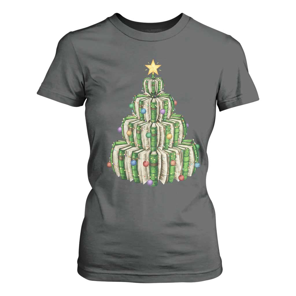 Book Christmas Tree Book Lover Teacher Librarian T Shirt For Women TS11 Dark Heather Print Your Wear