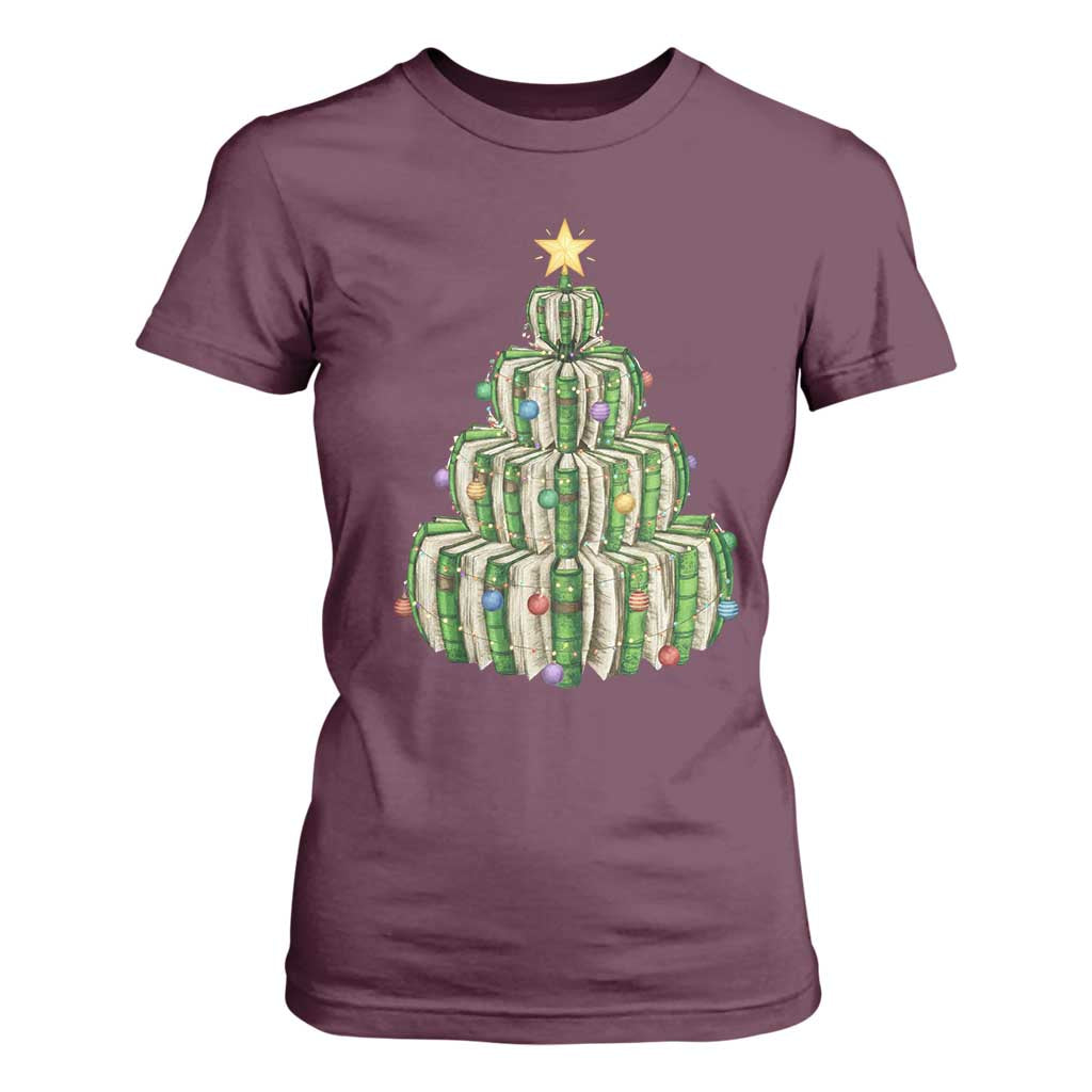 Book Christmas Tree Book Lover Teacher Librarian T Shirt For Women TS11 Maroon Print Your Wear