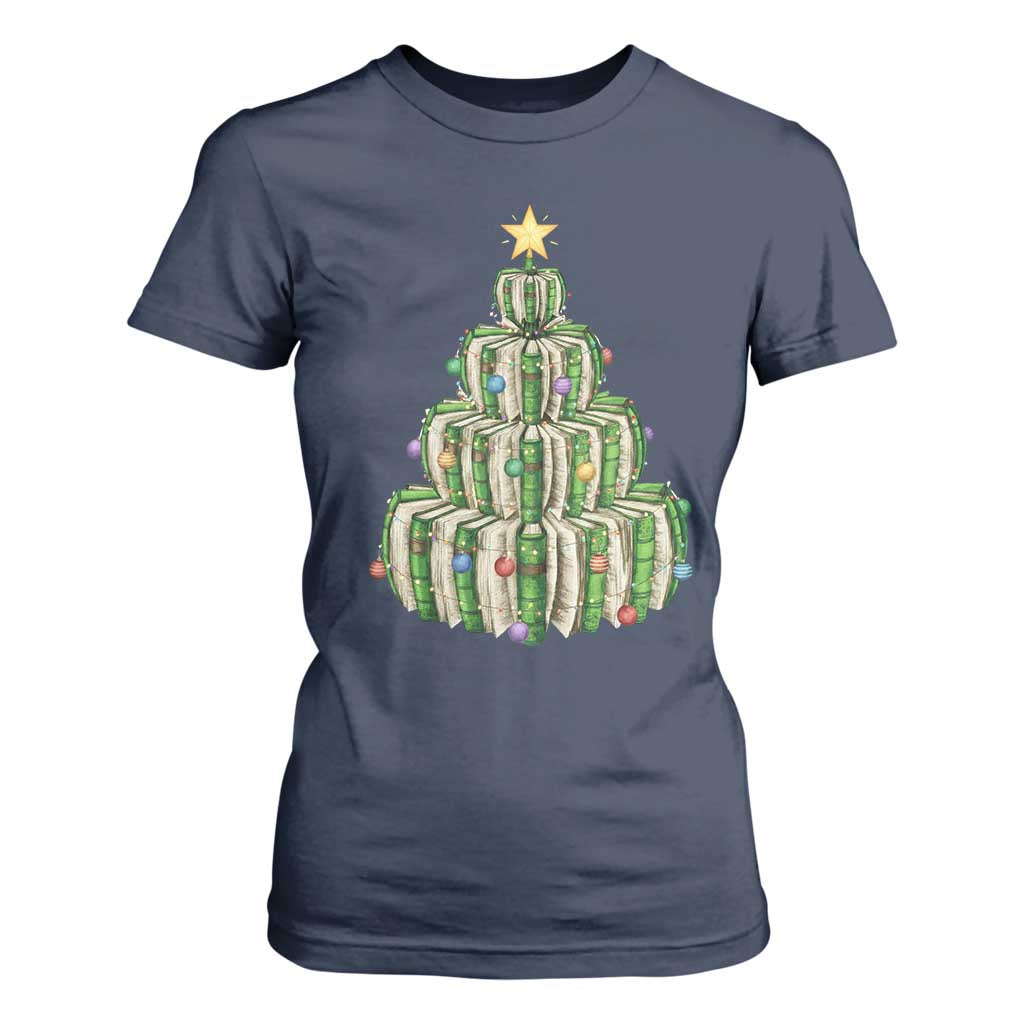 Book Christmas Tree Book Lover Teacher Librarian T Shirt For Women TS11 Navy Print Your Wear