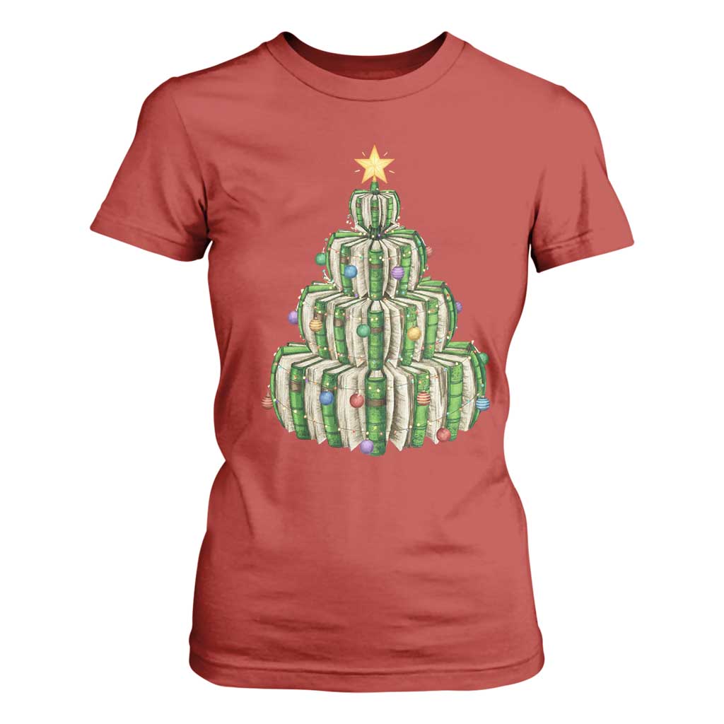 Book Christmas Tree Book Lover Teacher Librarian T Shirt For Women TS11 Red Print Your Wear