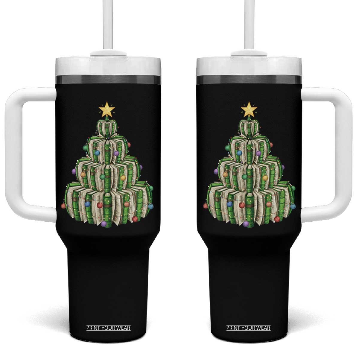 Book Christmas Tree Book Lover Teacher Librarian Tumbler With Handle TS11 One Size: 40 oz Black Print Your Wear