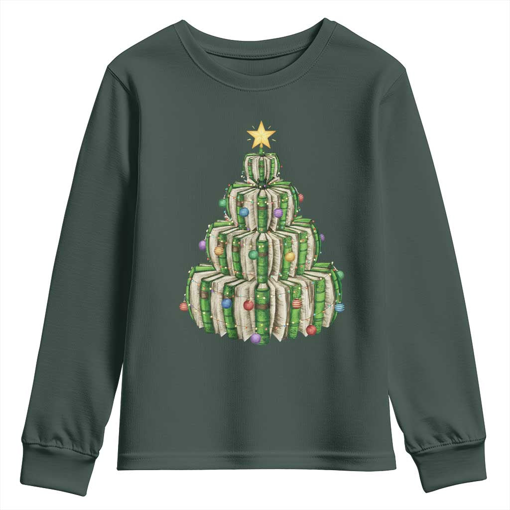Book Christmas Tree Book Lover Teacher Librarian Youth Sweatshirt TS11 Dark Forest Green Print Your Wear