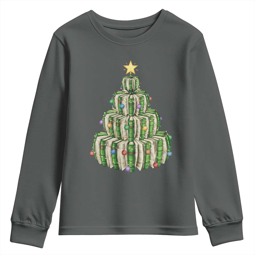 Book Christmas Tree Book Lover Teacher Librarian Youth Sweatshirt TS11 Dark Heather Print Your Wear