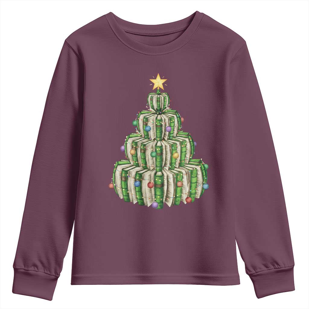 Book Christmas Tree Book Lover Teacher Librarian Youth Sweatshirt TS11 Maroon Print Your Wear