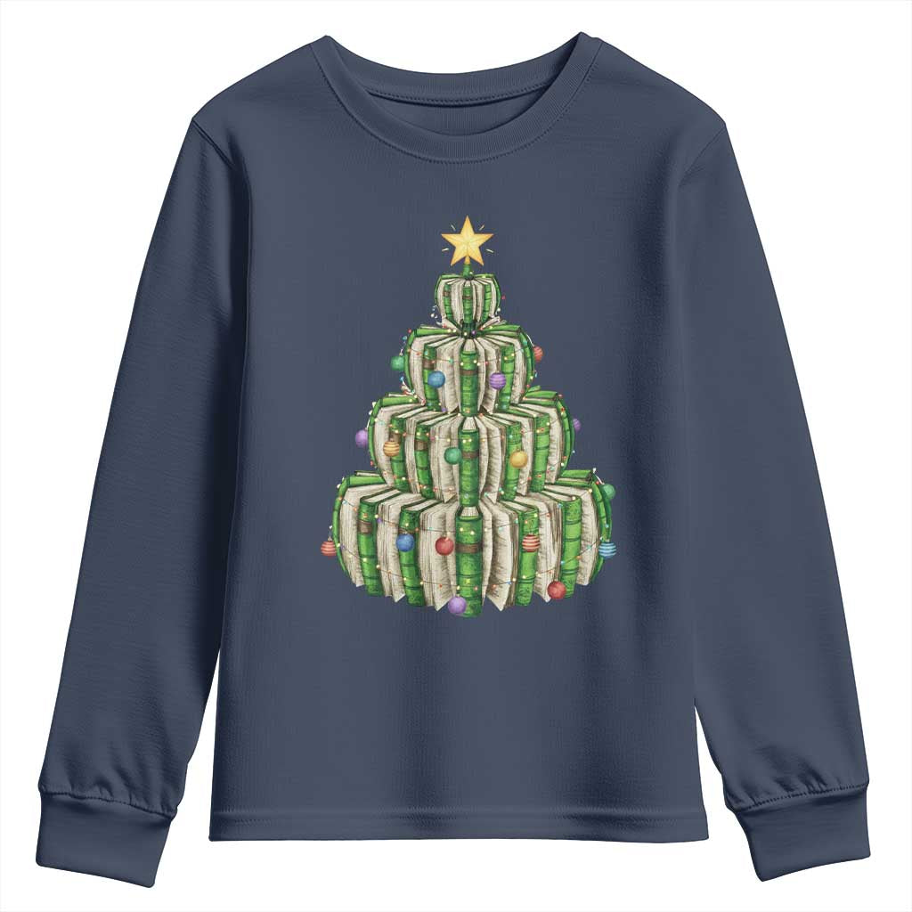 Book Christmas Tree Book Lover Teacher Librarian Youth Sweatshirt TS11 Navy Print Your Wear