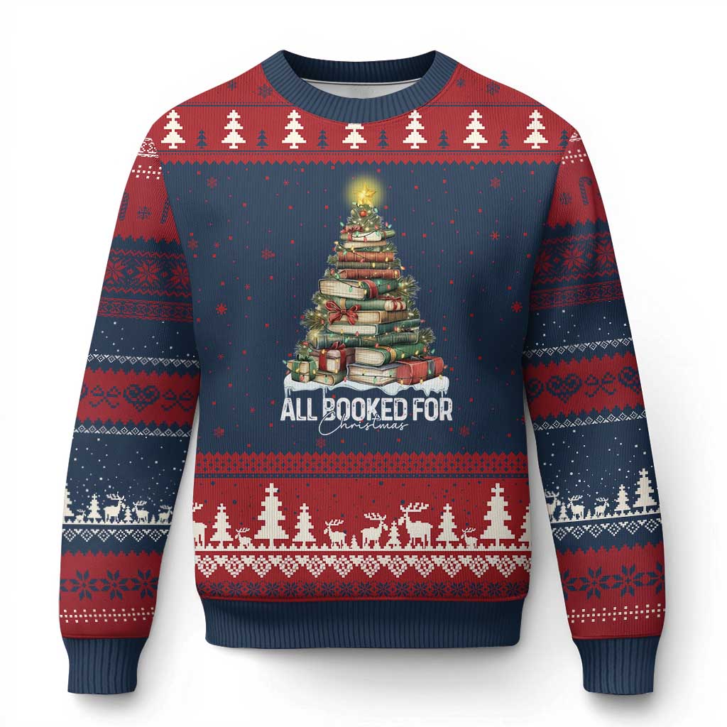 All Booked For Xmas Ugly Christmas Sweater Xmas Tree Lights Book Lover TS11 Navy Red Print Your Wear