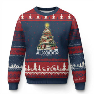 All Booked For Xmas Ugly Christmas Sweater Xmas Tree Lights Book Lover TS11 Navy Red Print Your Wear