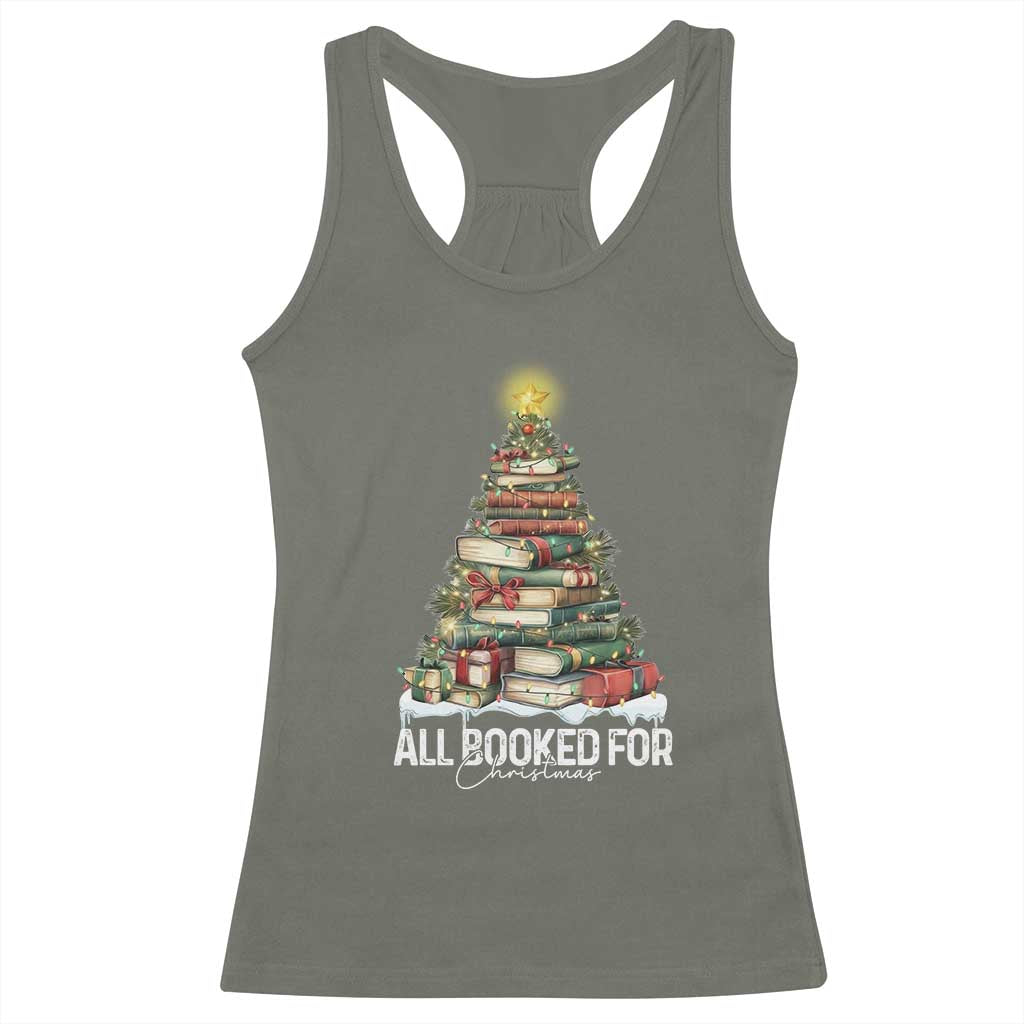 All Booked For Christmas Racerback Tank Top Xmas Tree Lights Book Lover TS11 Military Green Print Your Wear